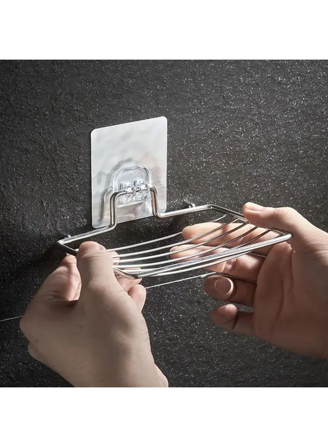 Stainless Steel Soap Holder Silvery Self Adhesive Wall Mounted Bathroom Storage Box With Drain Holes - Image 4